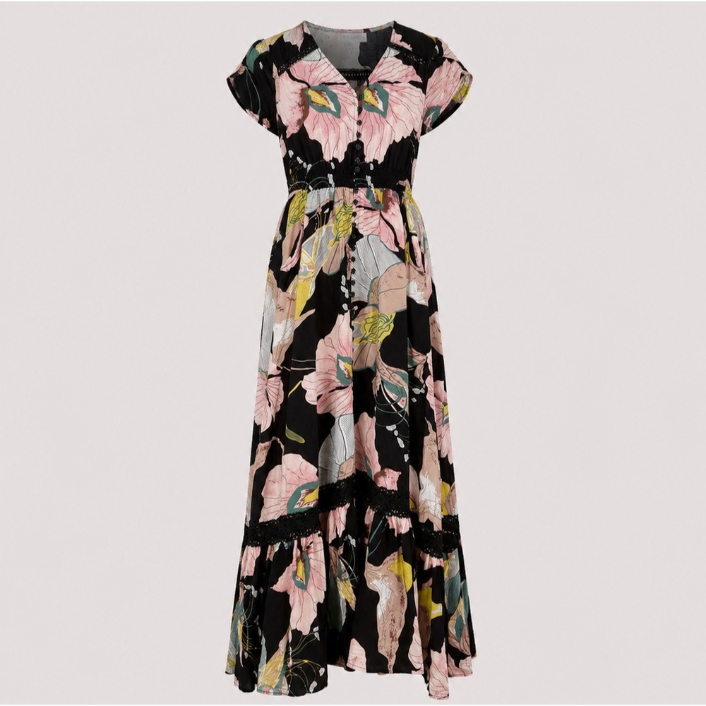 Funsport Floral Print Maxi Dress S Botanical Black Rayon Button Front Boho Lace